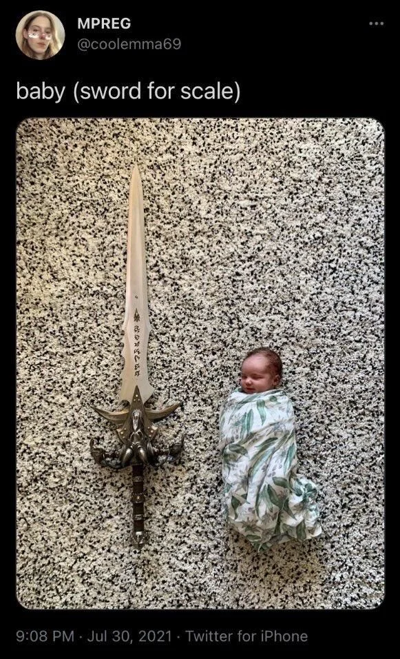 baby (sword for scale)

(Photo: a tiny baby next to a gigantic sword)