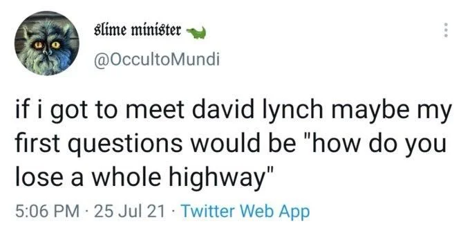 if i got to meet david lynch maybe my first questions would be "how do you lose a whole highway"