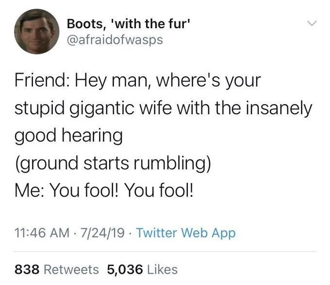 Friend: Hey man, where's your
stupid gigantic wife with the insanely
good hearing
(ground starts rumbling)
Me: You fool! You fool!