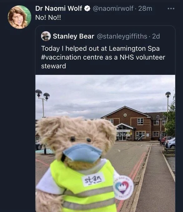 . 28m 
No! No!!


Stanley Bear @stanleygiffiths. 2d 
Today I helped out at Leamington Spa #vaccination centre as a NHS volunteer steward