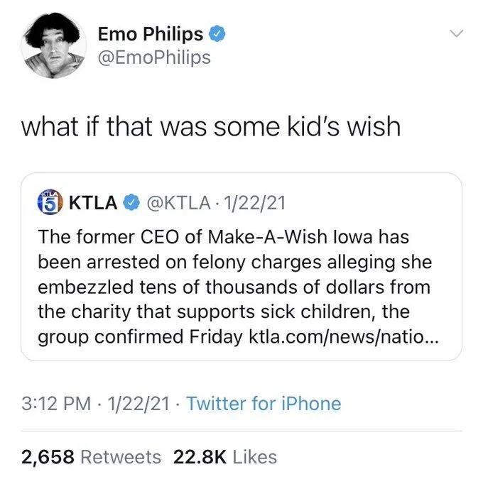 what if that was some kid's wish

5 KTLA
@KTLA 1/22/21
The former CEO of Make-A-Wish Iowa has been arrested on felony charges alleging she embezzled tens of thousands of dollars from the charity that supports sick children, the group confirmed Friday