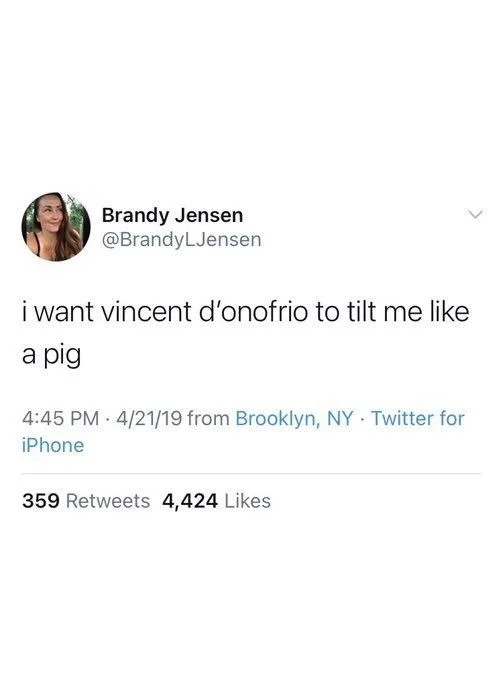 i want vincent d'onofrio to tilt me like a pig

4:45 PM 4/21/19