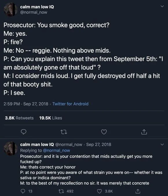 Prosecutor: You smoke good, correct?
Me: yes. P: fire?
Me: No -- reggie. Nothing above mids.
P: Can you explain this tweet then from September 5th: "I am absolutely gone off that loud"?
M: I consider mids loud. I get fully destroyed off half a hit of that booty shit.
P: I see.



calm man low IQ @normal_now. Sep 27, 2018
Replying to @normal_now
Prosecutor: and it is your contention that mids actually get you more fucked up?
Me: thats correct your honor
P: at no point were you aware of what strain you were on-- whether it was sativa or indica dominant?
M: to the best of my recollection no sir. It was merely that concrete