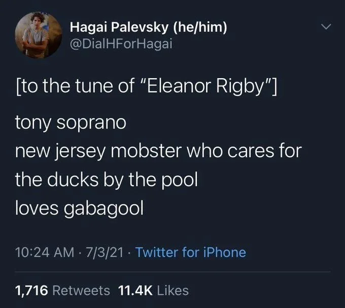 [to the tune of "Eleanor Rigby"]
tony soprano
new jersey mobster who cares for
the ducks by the pool
loves gabagool