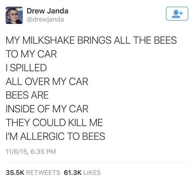 MY MILKSHAKE BRINGS ALL THE BEES
TO MY CAR
I SPILLED
ALL OVER MY CAR
BEES ARE
INSIDE OF MY CAR THEY COULD KILL ME
I'M ALLERGIC TO BEES