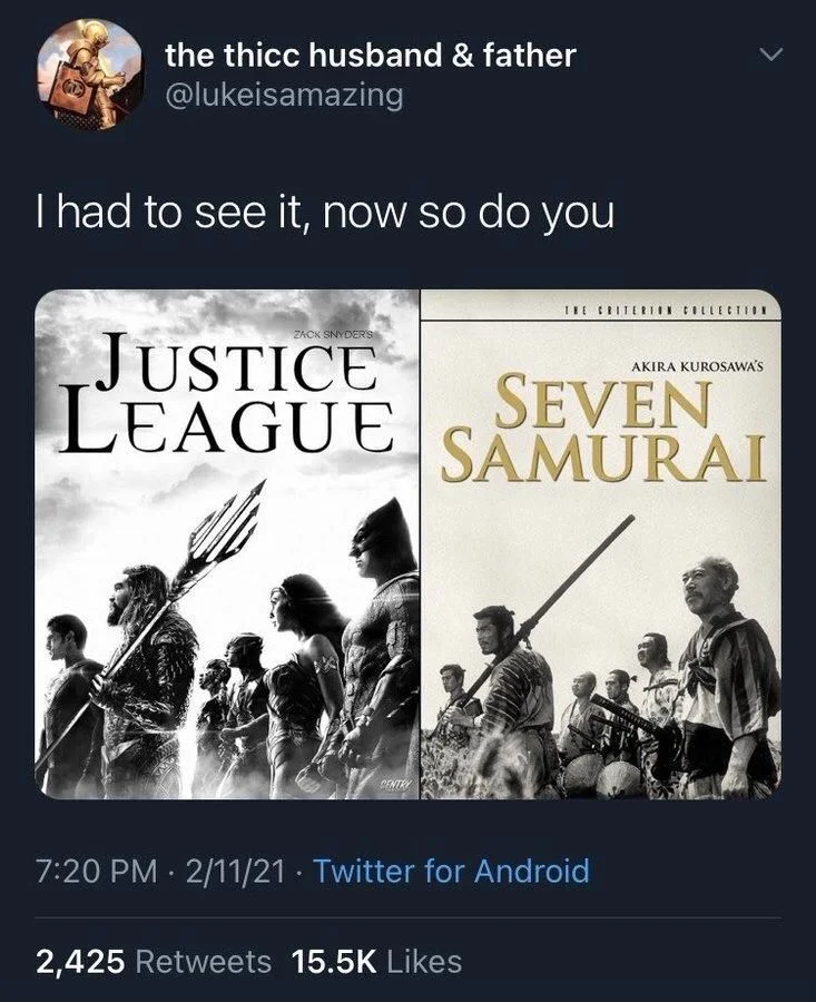 I had to see it, now so do you

(side by side the criterion for seven samurai and similar box art for Justice league)