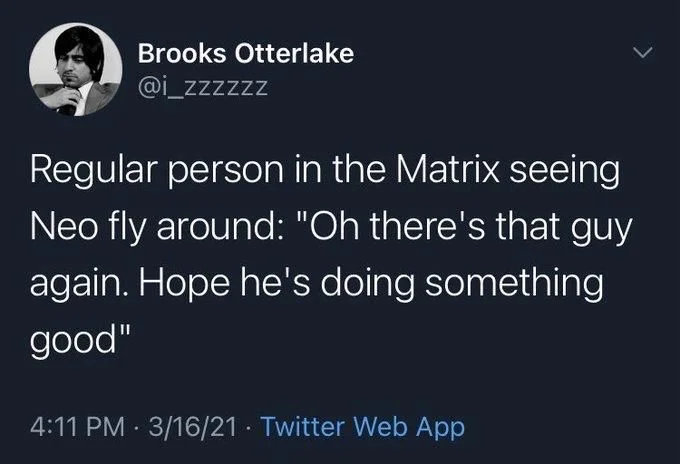 Regular person in the Matrix seeing Neo fly around: "Oh there's that guy again. Hope he's doing something good"