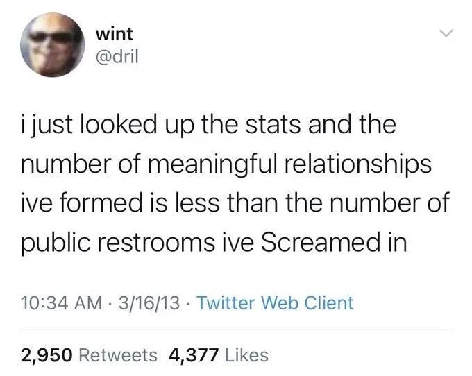 i just looked up the stats and the number of meaningful relationships ive formed is less than the number of public restrooms ive Screamed in
