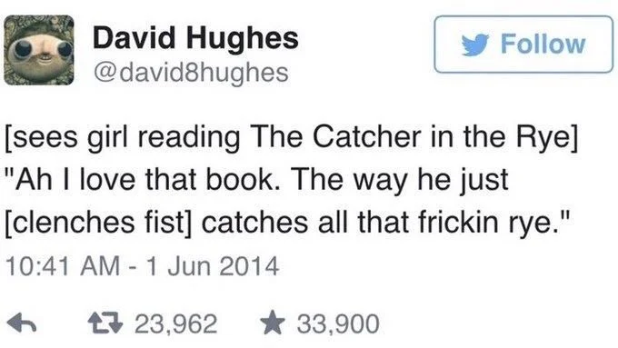 [sees girl reading The Catcher in the Rye] "Ah I love that book. The way he just [clenches fist] catches all that frickin rye."
