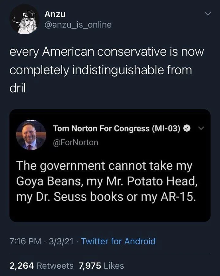 every American conservative is now completely indistinguishable from
dril

Tom Norton For Congress (MI-03) @ForNorton
The government cannot take my Goya Beans, my Mr. Potato Head, my Dr. Seuss books or my AR-15.
