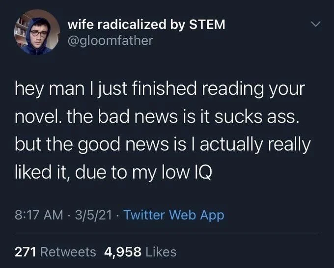hey man I just finished reading your novel. the bad news is it sucks ass. but the good news is I actually really liked it, due to my low IQ