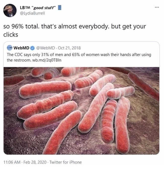 . Oct 21, 2018
The CDC says only 31% of men and 65% of women wash their hands after using the restroom.


LBTM "good stuff" @LydiaBurrell
so 96% total. that's almost everybody. but get your clicks