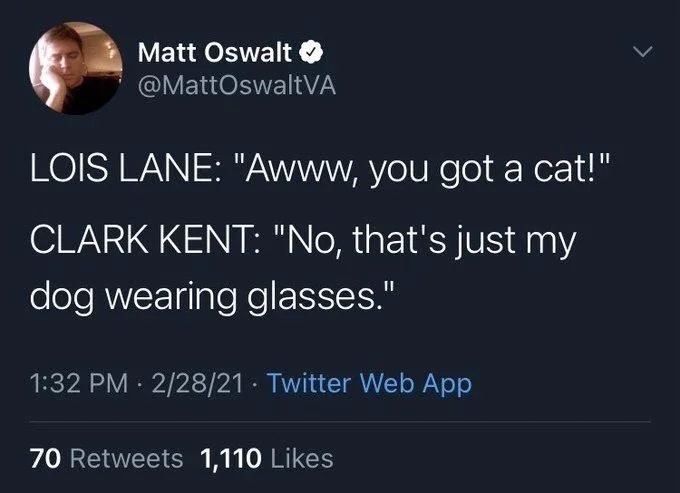 LOIS LANE: "Awww, you got a cat!"
CLARK KENT: "No, that's just my
dog wearing glasses."