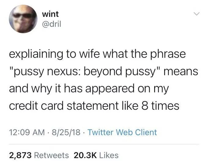 expliaining to wife what the phrase "pussy nexus: beyond pussy" means and why it has appeared on my
credit card statement like 8 times