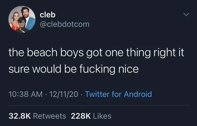the beach boys got one thing right it
sure would be fucking nice