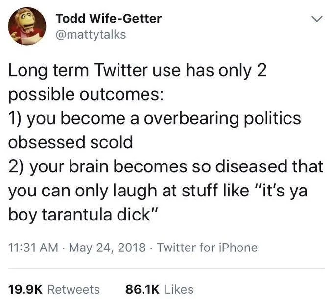 Long term Twitter use has only 2 possible outcomes:
1) you become a overbearing politics obsessed scold
2) your brain becomes so diseased that you can only laugh at stuff like "it's ya boy tarantula dick"