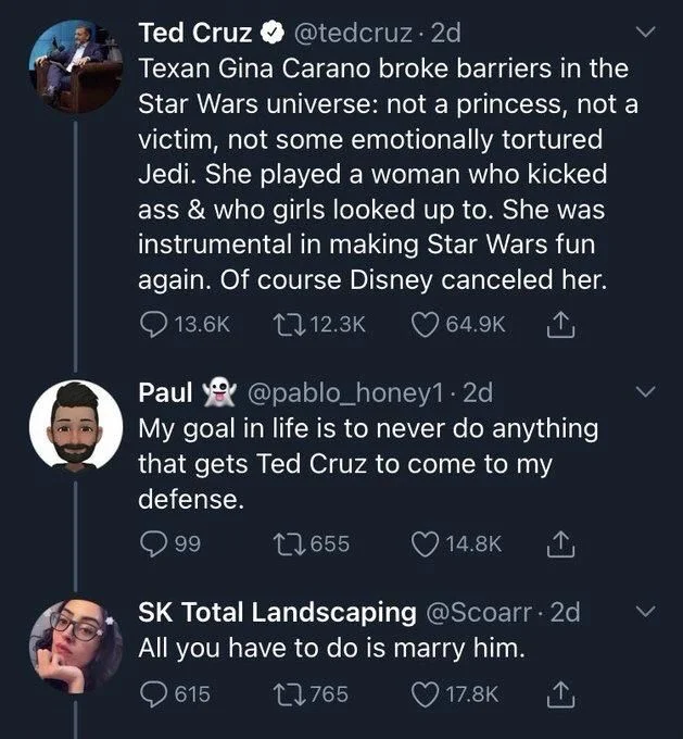 2d
Texan Gina Carano broke barriers in the Star Wars universe: not a princess, not a victim, not some emotionally tortured Jedi. She played a woman who kicked ass & who girls looked up to. She was instrumental in making Star Wars fun again. Of course Disney canceled her. 


Paul@pablo_honey1. 2d
My goal in life is to never do anything that gets Ted Cruz to come to my
defense.


SK Total Landscaping @Scoarr. 2d All you have to do is marry him.