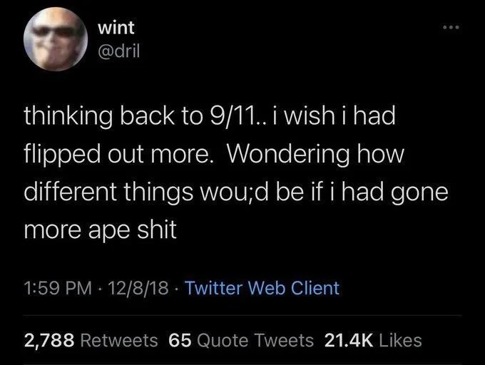 thinking back to 9/11.. i wish i had flipped out more. Wondering how different things wou;d be if i had gone
more ape shit