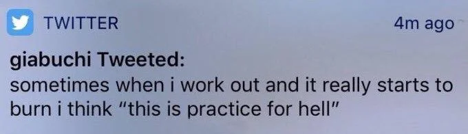 TWITTER
giabuchi Tweeted:
4m ago
sometimes when i work out and it really starts to burn i think "this is practice for hell"
