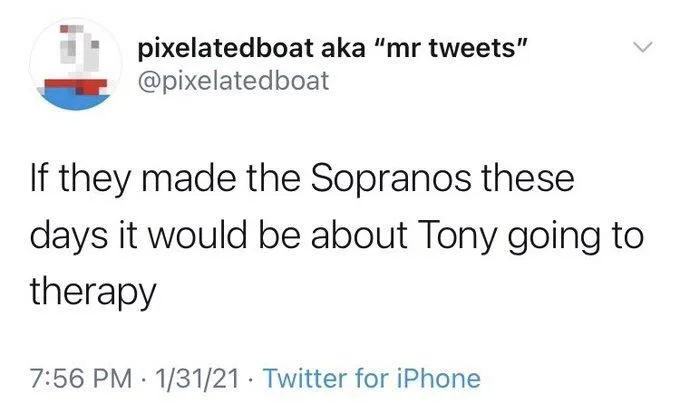 If they made the Sopranos these days it would be about Tony going to
therapy