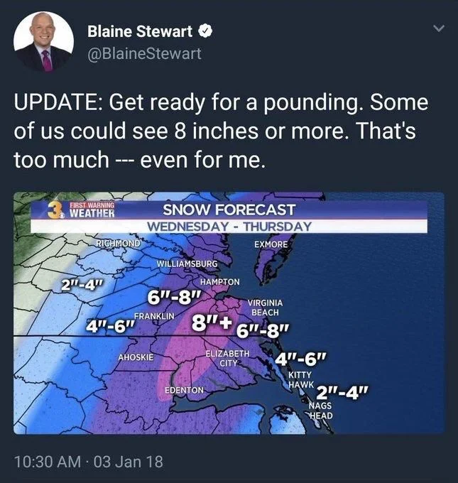 UPDATE: Get ready for a pounding. Some of us could see 8 inches or more. That's too much --- even for me.

(Photo of a weather report)