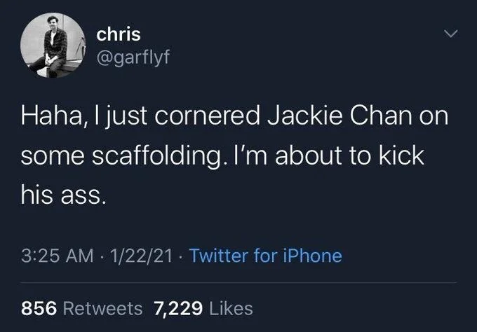 Haha, I just cornered Jackie Chan on some scaffolding. I'm about to kick
his ass.