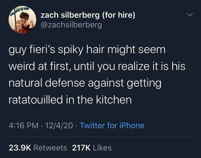 guy fieri's spiky hair might seem
weird at first, until you realize it is his natural defense against getting
ratatouilled in the kitchen