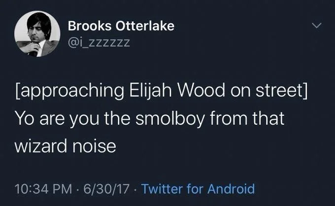 [approaching Elijah Wood on street]
Yo are you the smolboy from that
wizard noise