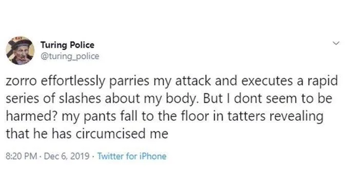 police
>
zorro effortlessly parries my attack and executes a rapid series of slashes about my body. But I dont seem to be harmed? my pants fall to the floor in tatters revealing that he has circumcised me