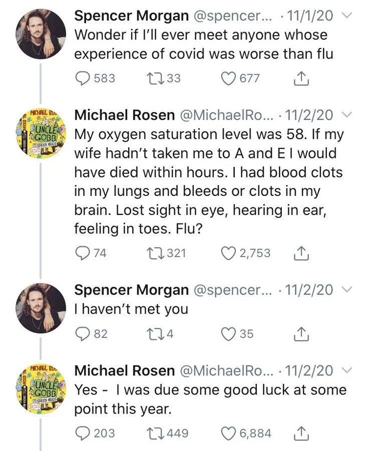 ... 11/1/20 Wonder if I'll ever meet anyone whose experience of covid was worse than flu

Michael Rosen @MichaelRo.... 11/2/20 My oxygen saturation level was 58. If my wife hadn't taken me to A and E I would have died within hours. I had blood clots in my lungs and bleeds or clots in my brain. Lost sight in eye, hearing in ear, feeling in toes. Flu?

Spencer Morgan @spencer... . 11/2/20 
I haven't met you

Michael Rosen @MichaelRo.... 11/2/20
Yes - I was due some good luck at some point this year.