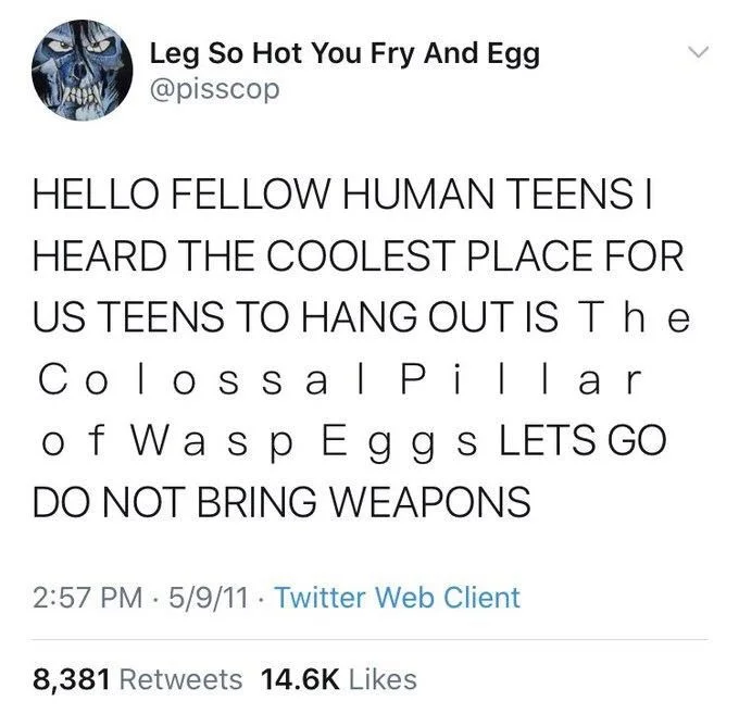 HELLO FELLOW HUMAN TEENS I HEARD THE COOLEST PLACE FOR US TEENS TO HANG OUT IS The Colossal Pillar of Wasp Eggs LETS GO DO NOT BRING WEAPONS
