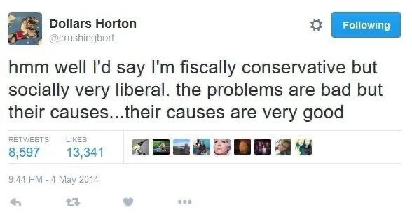 hmm well I'd say I'm fiscally conservative but socially very liberal. the problems are bad but their causes...their causes are very good