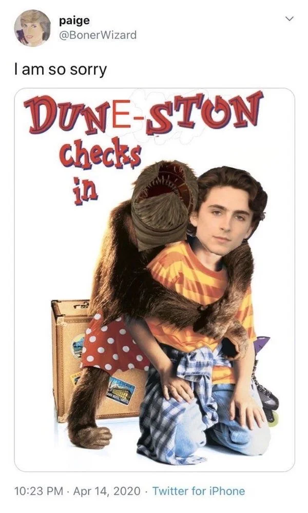 I am so sorry

DUNE-STON checks
in 

(photoshop of dunston checks in poster with Chalamet and a sandworm)