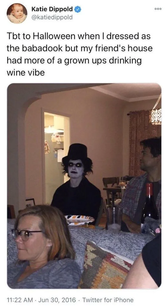 Tbt to Halloween when I dressed as the babadook but my friend's house had more of a grown ups drinking wine vibe

(Photo of guy in babadook costume surrounded by people in street clothes)