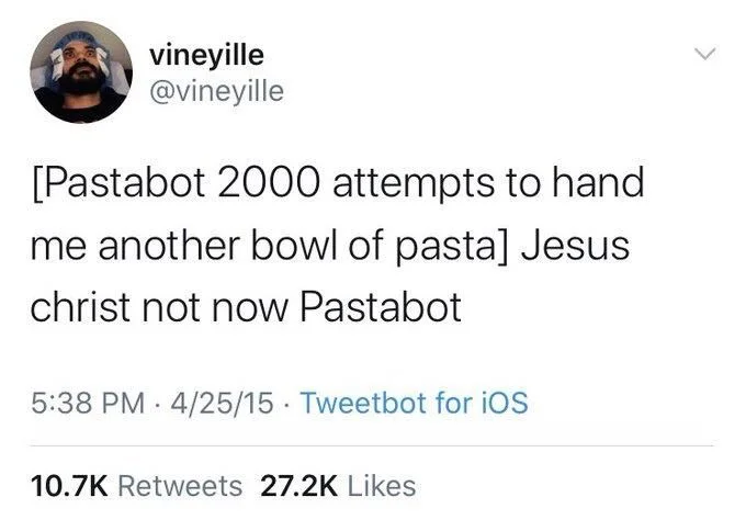 [Pastabot 2000 attempts to hand me another bowl of pasta] Jesus
christ not now Pastabot