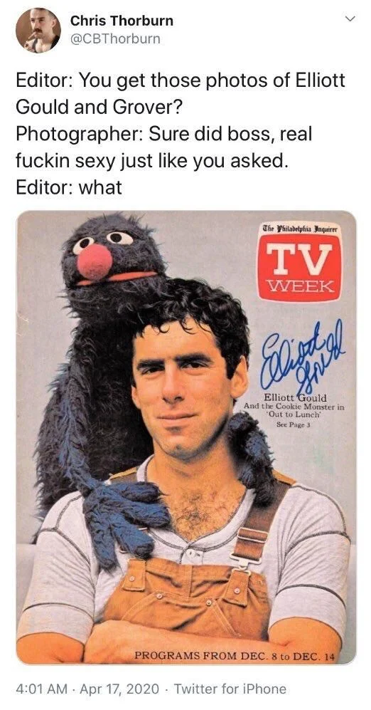 Editor: You get those photos of Elliott Gould and Grover?
Photographer: Sure did boss, real fuckin sexy just like you asked.
Editor: what

(Very sexy photo of Elliott Gould with Grover on his shoulder)