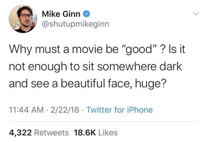 Why must a movie be "good"? Is it not enough to sit somewhere dark and see a beautiful face, huge?
