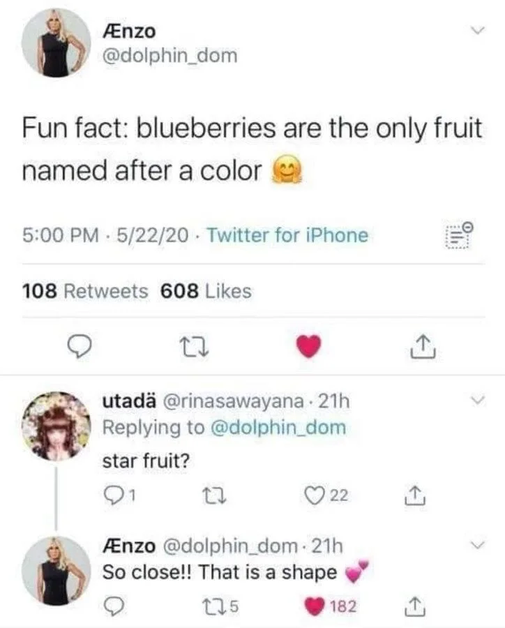 Fun fact: blueberries are the only fruit
named after a color

utadä @rinasawayana. 21h Replying to @dolphin_dom
star fruit?

ÆEnzo @dolphin_dom. 21h So close!! That is a shape