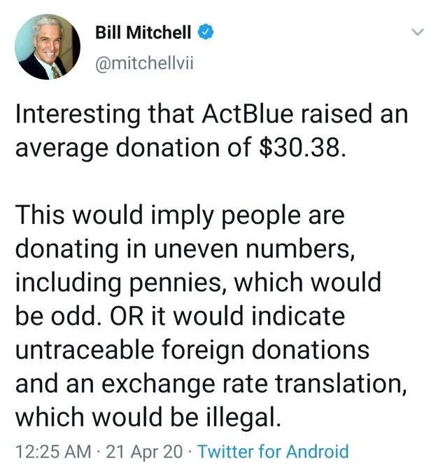 Interesting that ActBlue raised an average donation of $30.38.
This would imply people are donating in uneven numbers, including pennies, which would be odd. OR it would indicate untraceable foreign donations and an exchange rate translation, which would be illegal.
.