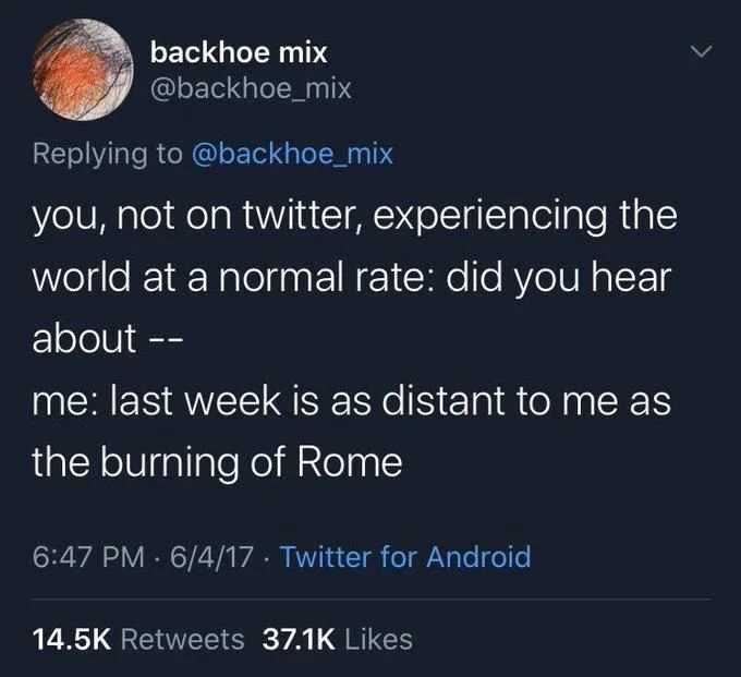 Replying to @backhoe_mix
you, not on twitter, experiencing the world at a normal rate: did you hear about --
me: last week is as distant to me as the burning of Rome
6:47 PM 6/4/17 Twitter for Android
•