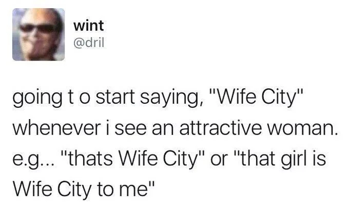 going to start saying, "Wife City" whenever i see an attractive woman. e.g... "thats Wife City" or "that girl is Wife City to me"