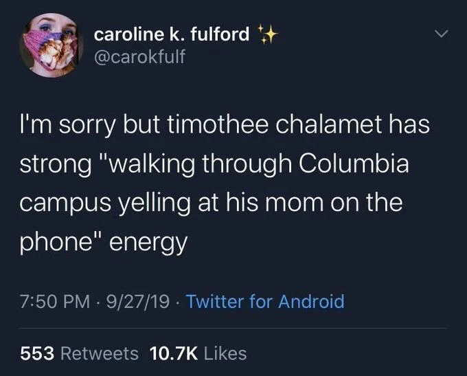 I'm sorry but timothee chalamet has strong "walking through Columbia campus yelling at his mom on the phone" energy