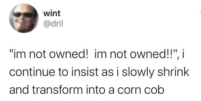 "im not owned! im not owned!!", i continue to insist as i slowly shrink and transform into a corn cob