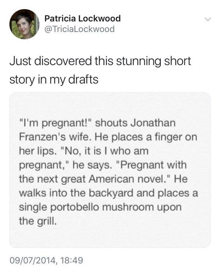 Just discovered this stunning short story in my drafts:

"I'm pregnant!" shouts Jonathan Franzen's wife. He places a finger on her lips. "No, it is I who am
pregnant," he says. "Pregnant with the next great American novel." He walks into the backyard and places a single portobello mushroom upon the grill.