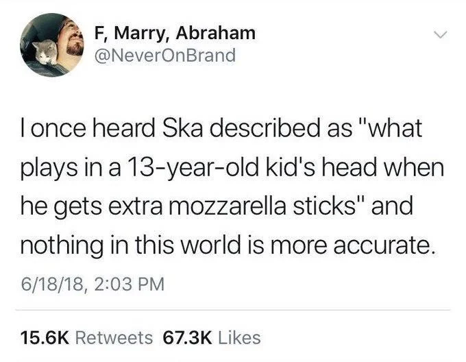 I once heard Ska described as "what plays in a 13-year-old kid's head when he gets extra mozzarella sticks" and nothing in this world is more accurate.