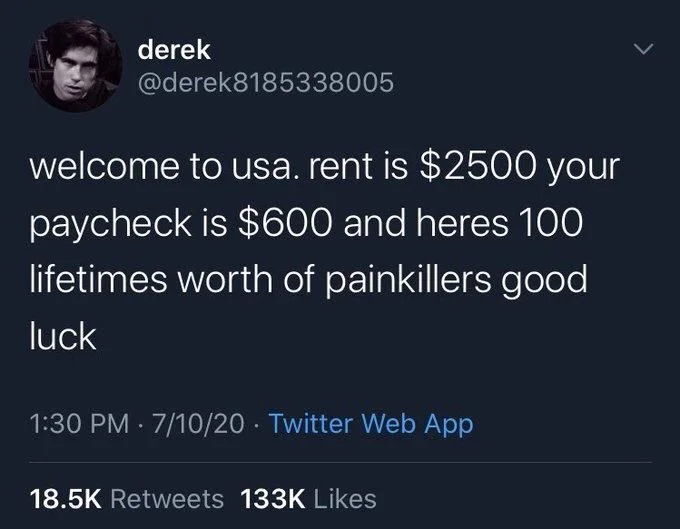 welcome to usa. rent is $2500 your
paycheck is $600 and heres 100 lifetimes worth of painkillers good
luck