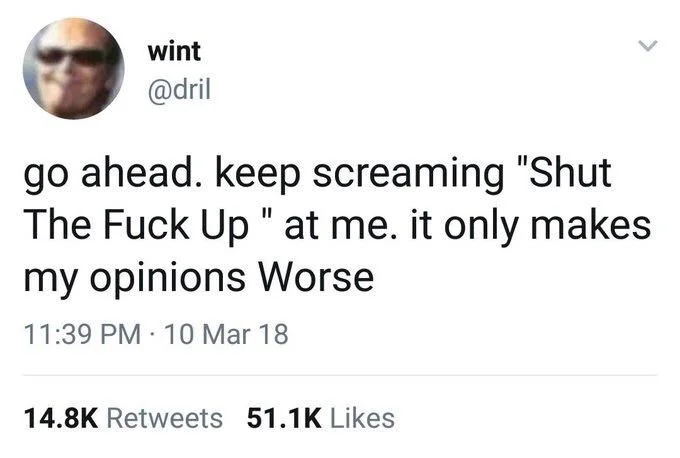 go ahead. keep screaming "Shut The Fuck Up" at me. it only makes my opinions Worse