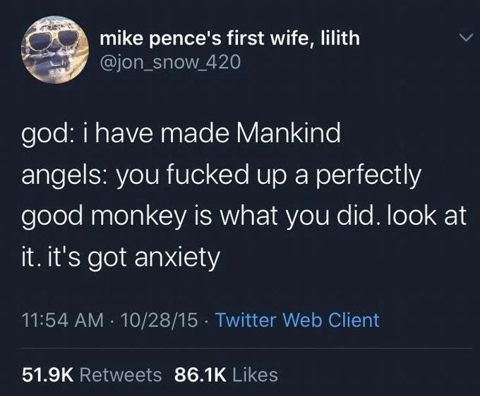 god: i have made Mankind
angels: you fucked up a perfectly good monkey is what you did. look at it. it's got anxiety