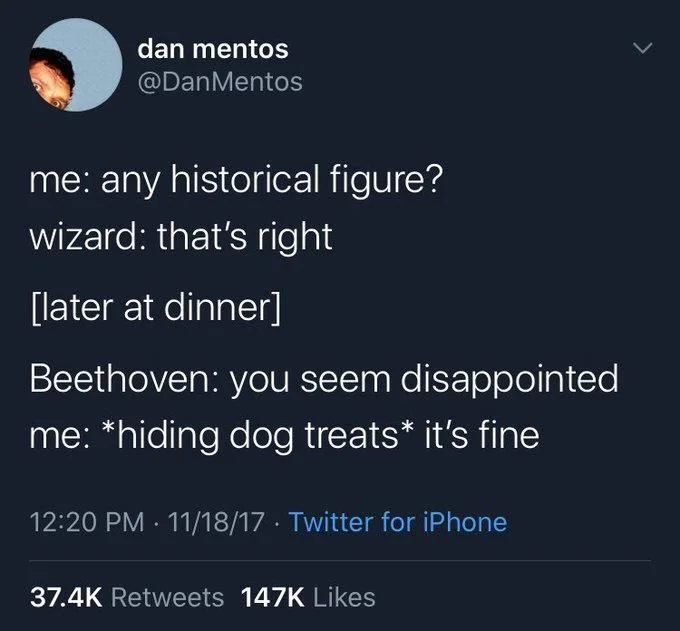 me: any historical figure?
wizard: that's right
[later at dinner]
Beethoven: you seem disappointed me: *hiding dog treats* it's fine