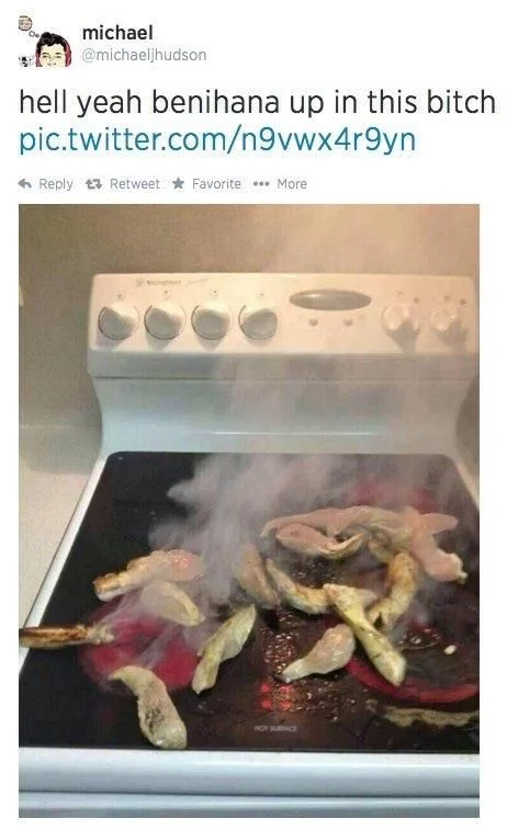 hell yeah benihana up in this bitch 

(raw chicken being cooked directly on burners of a stove)